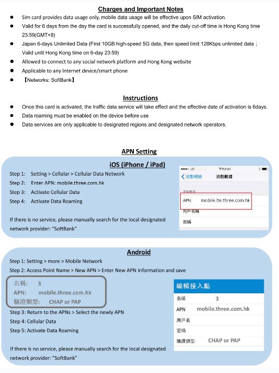 Roamfree X 3HK 5G日本6日10GB 無限數據卡英文