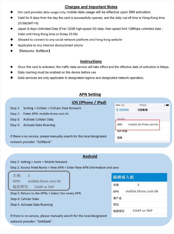 Roamfree X 3HK 5G日本8日12GB 無限數據卡英文