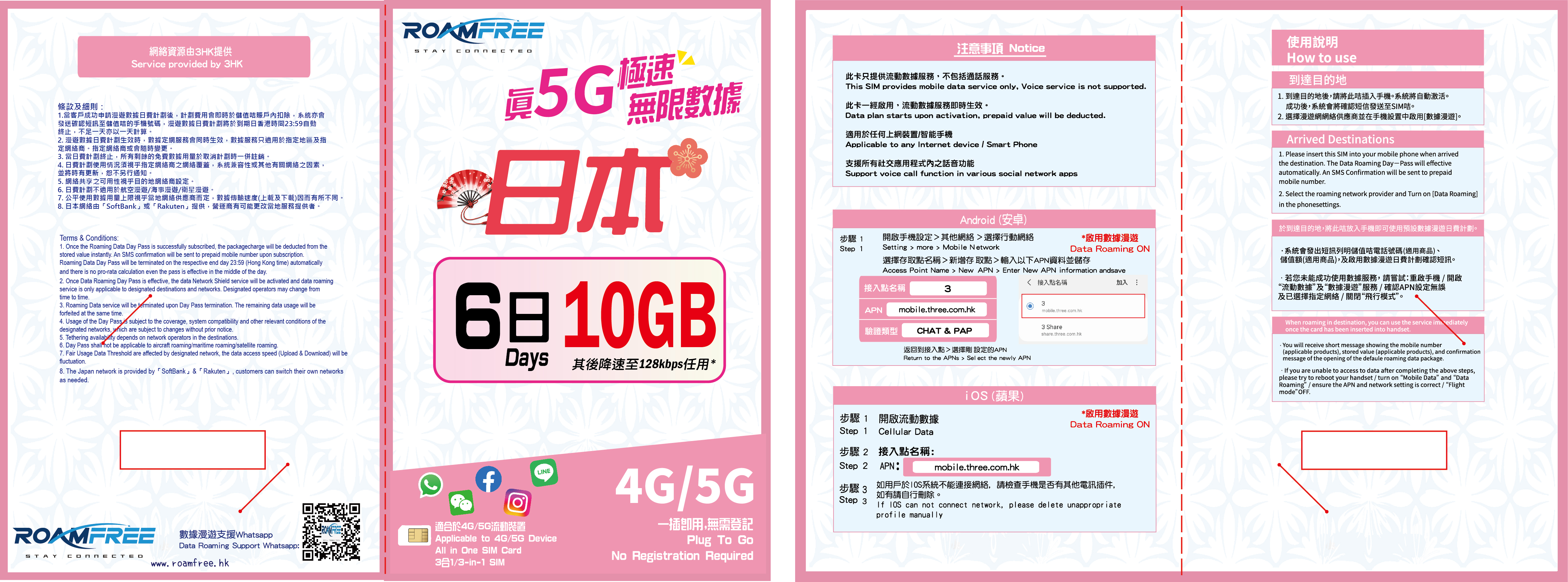 Roamfree X 3HK 5G日本6日10GB 無限數據卡